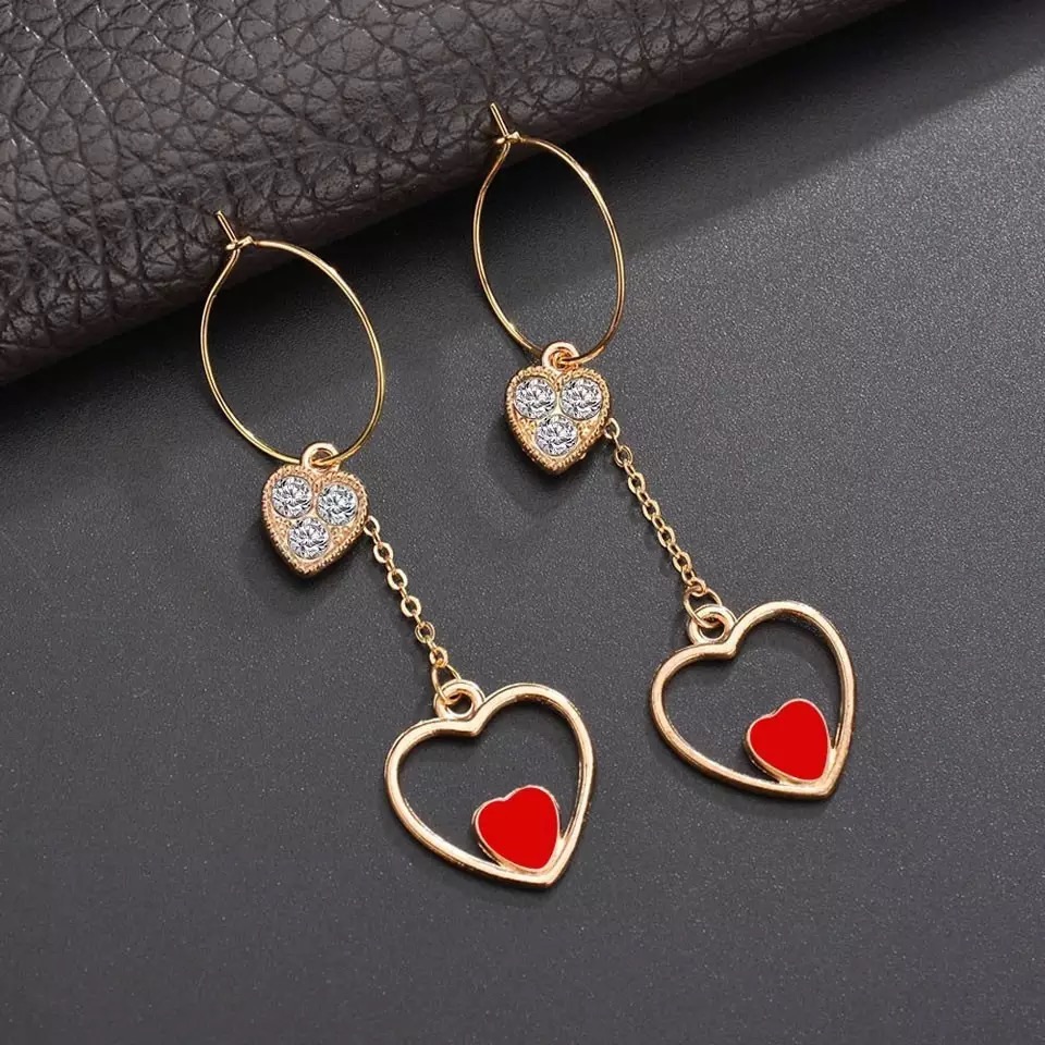 Red Heart Crystal Hoop Drop Earrings 15$